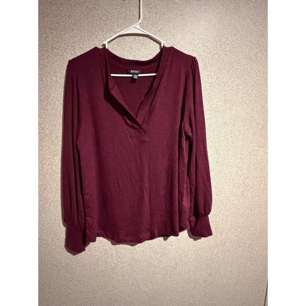 Buffalo David Bitton Womens Burgundy Split Neck Balloon Sleeve Ribbed Cuff Top L